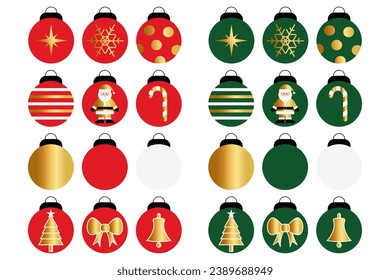 Red and green Christmas balls, with white and gold decoration. Star, snowflake, stripes, Santa Claus, cane, Christmas tree, bow, bell.