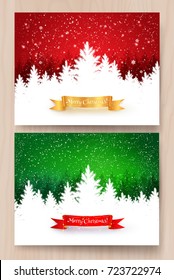 Red and green Christmas designs with falling snow, spruce forest silhouette and ribbon banner. 