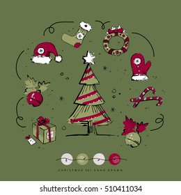 Red and green Christmas elements set. Hand drawn vector illustration