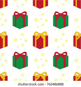 red green christmas gift box and yellow star on white background vector design seamless pattern for print card tag label wallpaper wrappaper or fabric 