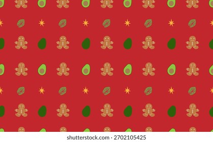 rote und grüne Weihnachtsmuster mit Lebkuchen Männer und Sterne. tropische Früchte und tropische Pflanzen.