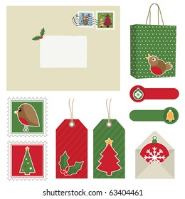 red and green christmas postage set with stamps, bag and tags