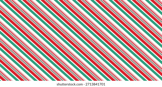Rote und grüne Weihnachten nahtlose Muster. Candy Rohr diagonalen Streifen Hintergrund. Wiederholte Weihnachtsdekoration Tapete. Winterferien bilden die Kulisse. Pfefferminzgeschenkverpackungsdruck. Vektorgrafik