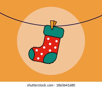 Red and Green Christmas sock hanging. Cartoon vector style for your design