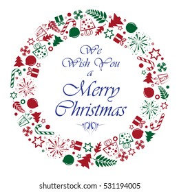 Red and green Christmas symbols in wreath form