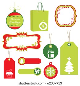 red and green christmas tags, frames and bag isolated on white