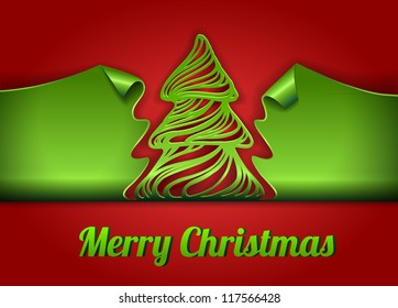 Red and green christmas tree cut out of paper card - vector illustration.