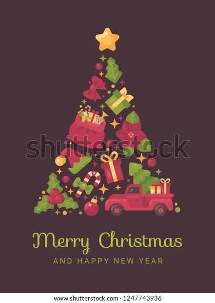 Red and green Christmas tree made\
from Christmas and winter items. New year greeting\
card.
