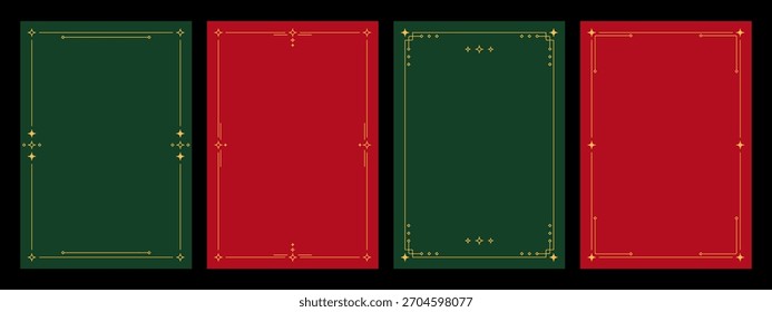 Red and green christmas vector frame set with gold ornament. Festive design element for invitation or greeting card. Holiday background with copy space.