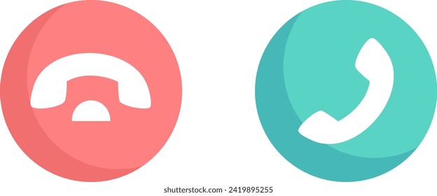 Red and green circle icons with phone handset symbols. Communication concept buttons, call and hang up icons. Vector illustration of phone call actions.