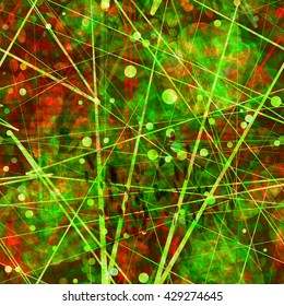 Red and green. Circles. Shapeless spots. Thin straight lines. Stripes. Overlap, intersection, transparency overlay. Randomly mixed. Spotted seamless pattern.