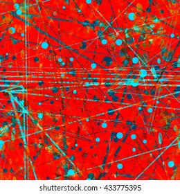 Red and green. Circles and straight thin lines, scratches. Randomly mixed. Transparency, overlay, overlap. Easy editing. Watercolor effect. Seamless abstract vector pattern.