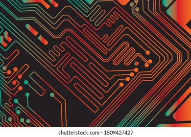Red and green circuit board vector illustration. black background