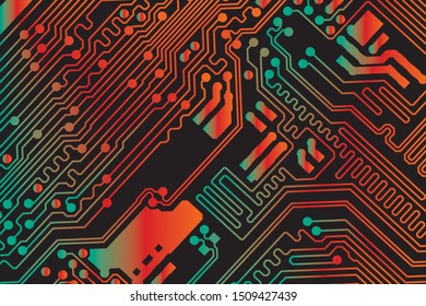 Red and green circuit board vector illustration. black background
