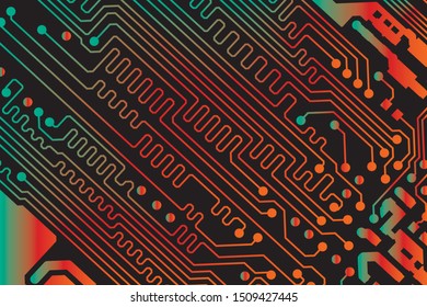 Red and green circuit board vector illustration. black background