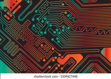 Red and green circuit board vector illustration. black background