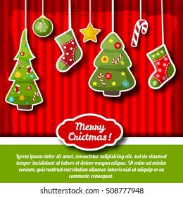 Red and green color christmas holiday postcard with fir tree and decorations flat vector illustration