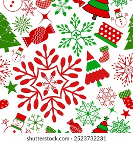 Red Green color of Christmas seamless pattern. Snowflakes, snowman and Christmas objects background design for decoration on Christmas card, banner, wrapping, wallpaper, textile, fashion.