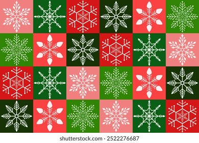 Rojo Verde Color de la geometría cuadrado azulejo sin patrón. Diseño de fondo de Navidades de copos de nieve de mosaico para decoración en condimentos de Navidades, Web, envoltura, Fondo de pantalla, textil, moda.