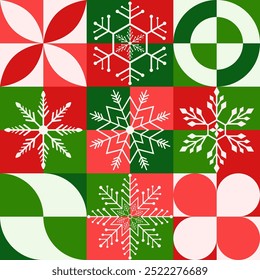 Red Green Color of Geometry square tile seamless pattern. Mosaic snowflakes Christmas background design for decoration on Christmas seasoning, web, wrapping, wallpaper, textile, fashion.