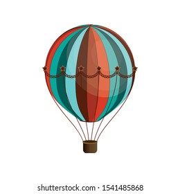 Red and green color hot air balloon with stars. Traveling retro transport, vector illustration. Design for postcards or posters.