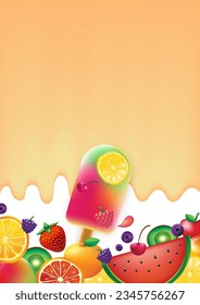 Red and green color ice cream with fruit. Vector illustration on free space background.
