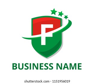 red and green color shield get slice into half logo graphic design with modern clean style for protection or security company with initial type letter f on it