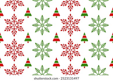 Cor verde vermelha do padrão de floco de neve, Natal padrão sem costura ormanent. Desenho de fundo de Natal flocos de neve para decoração no tempero X'mas, web, envoltório, papel de parede, têxtil, moda.