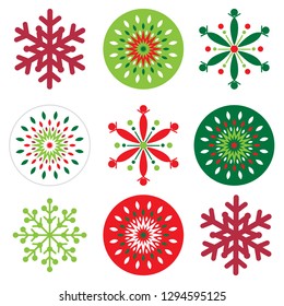 Red and green color snowflakes sets collection design