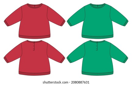 Red and green color Sweatshirt Dress design template front and back views.