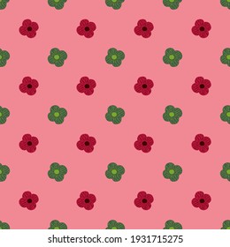 Red and green colored simple flower ornament seamless pattern. Pink background. Bright abstract design. Vector illustration for seasonal textile prints, fabric, banners, backdrops and wallpapers.
