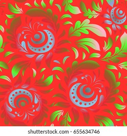 In red and green colors. Ikat damask seamless pattern background tile. Vector illustration.