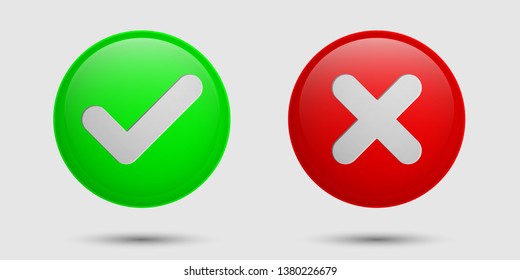 Red and green cross and checkmark buttons. Sign of consent and denial. Yes or no sign 