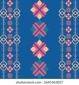 Vermelho e verde ponto de cruz abstrato em um fundo azul, padrão étnico boho sem costura. Textura de retalhos. Tecelagem. Ornamento tradicional. Padrão tribal. Vyshyvanka. Pixel art.
