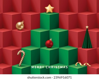 Red and green cube background for product demonstration. Christmas concept. Vector illustration for banner, poster, flyer and advertisement.