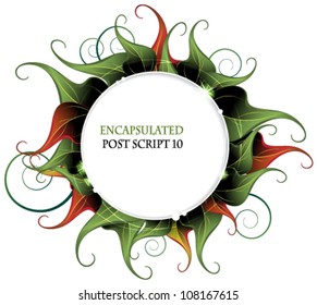 Red and green curled leaves. Abstract round border