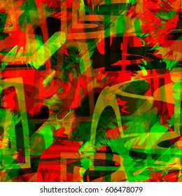Red and green curved stripes and spots. Abstract seamless background.