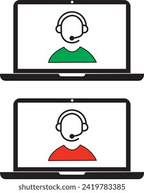 Red and green customer service icons in laptop screens