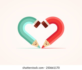 Red and green cute pencils heart. Abstract illustration.