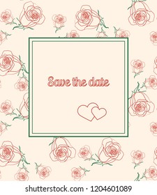 Red and green design frame with roses. Save the date card. Vector illustration.