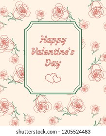 Red and green design frame with roses. Happy Valentine`s day card. Vector illustration.