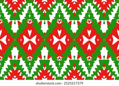 Red and Green Diamond Ikat Pattern: Dynamic Seamless Design for Fashion Textiles, Festive Home Decor, and Eye-Catching Interior Accents