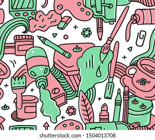 Red and green doodle detailed seamless art pattern with different painting,drawing and crafts equipment(brushes,pens,pencils etc) and stationary.Print for art classes,banner,poster,creative card