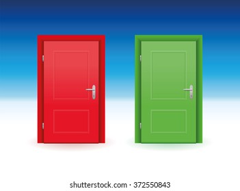 Red and green door to choose. Vector illustration on white to sky blue gradient.