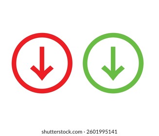 Red or Green Down Arrow in Black Circle – Navigation and Direction Symbol or icon Vector EPS File.