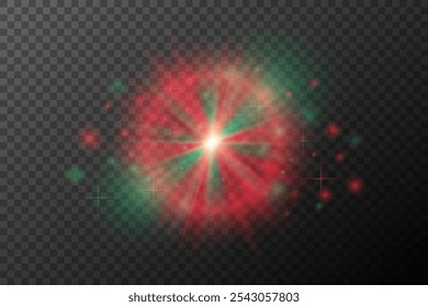 Red and Green Festive Light Burst with Glowing Particles on Transparent Background