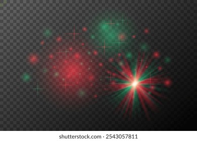 Red and Green Festive Light Burst with Glowing Particles on Transparent Background