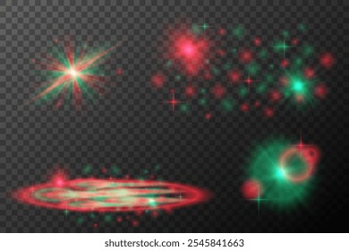 Red and green festive light explosion with glowing particles. set of elements