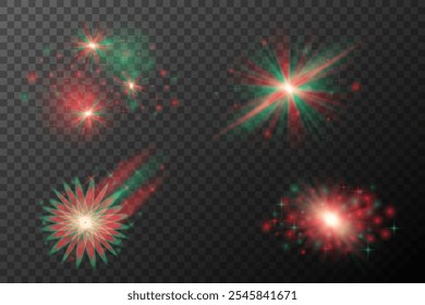 Red and green festive light explosion with glowing particles. set of elements