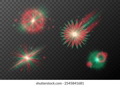 Rote und grüne festliche Lichtexplosion mit leuchtenden Teilchen. Elementesatz